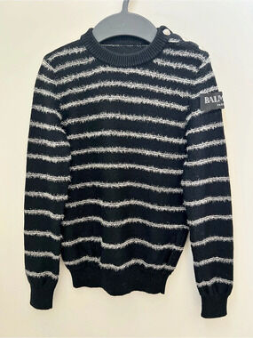 Balmain 100% Virgin Wool Black and White Striped Metallic Soft Knit Sweater
